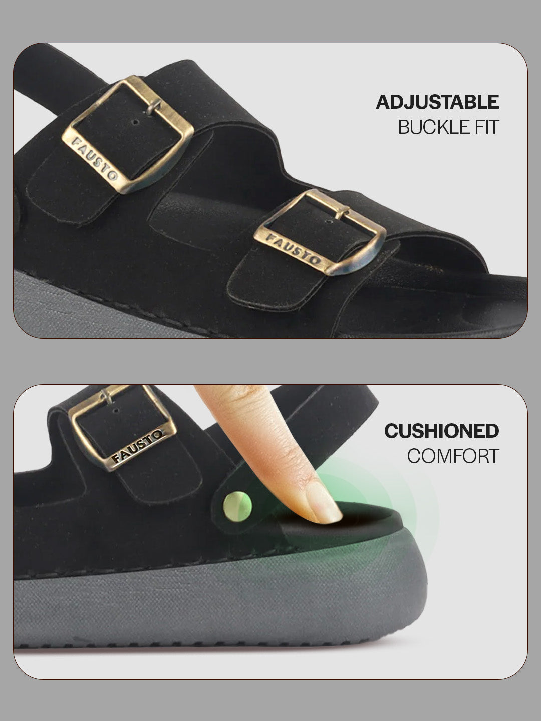 Men Black Open Toe Double Adjustable Strap Stitched Waterproof Sandals with Back Support|Soft Cushioned Insole|Lightweight Summer Slip-On Slipper|Perfect For Monsoon Rainy Season