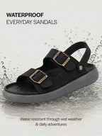 Men Black Open Toe Double Adjustable Strap Stitched Waterproof Sandals with Back Support|Soft Cushioned Insole|Lightweight Summer Slip-On Slipper|Perfect For Monsoon Rainy Season