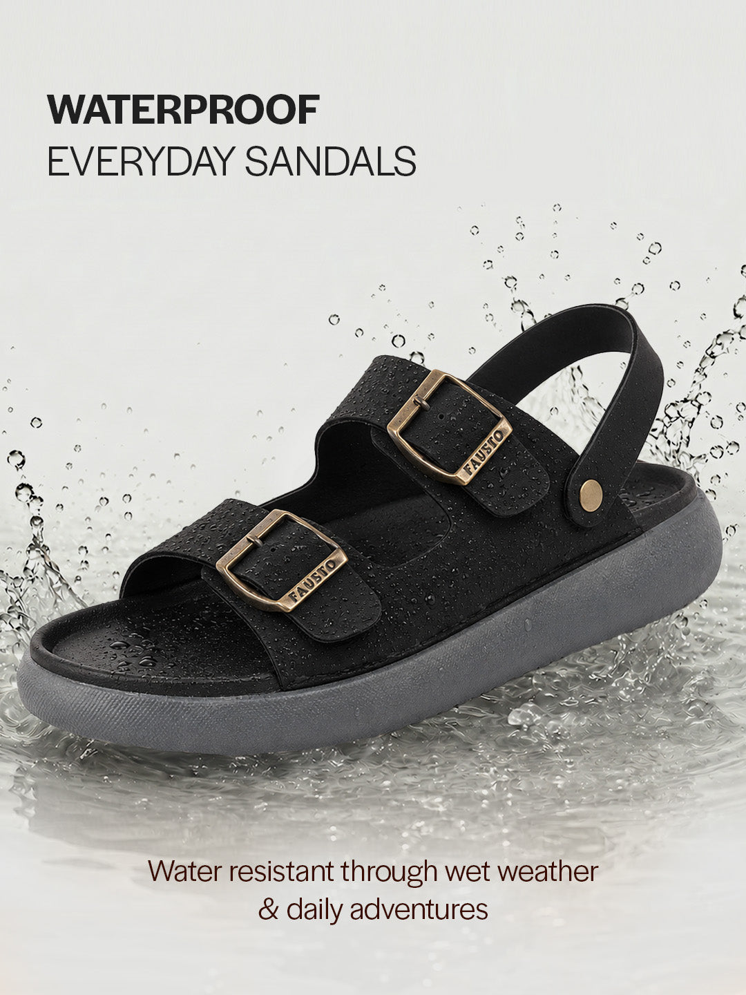 Men Black Open Toe Double Adjustable Strap Stitched Waterproof Sandals with Back Support|Soft Cushioned Insole|Lightweight Summer Slip-On Slipper|Perfect For Monsoon Rainy Season