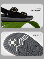 Men Black Open Toe Double Adjustable Strap Stitched Waterproof Sandals with Back Support|Soft Cushioned Insole|Lightweight Summer Slip-On Slipper|Perfect For Monsoon Rainy Season