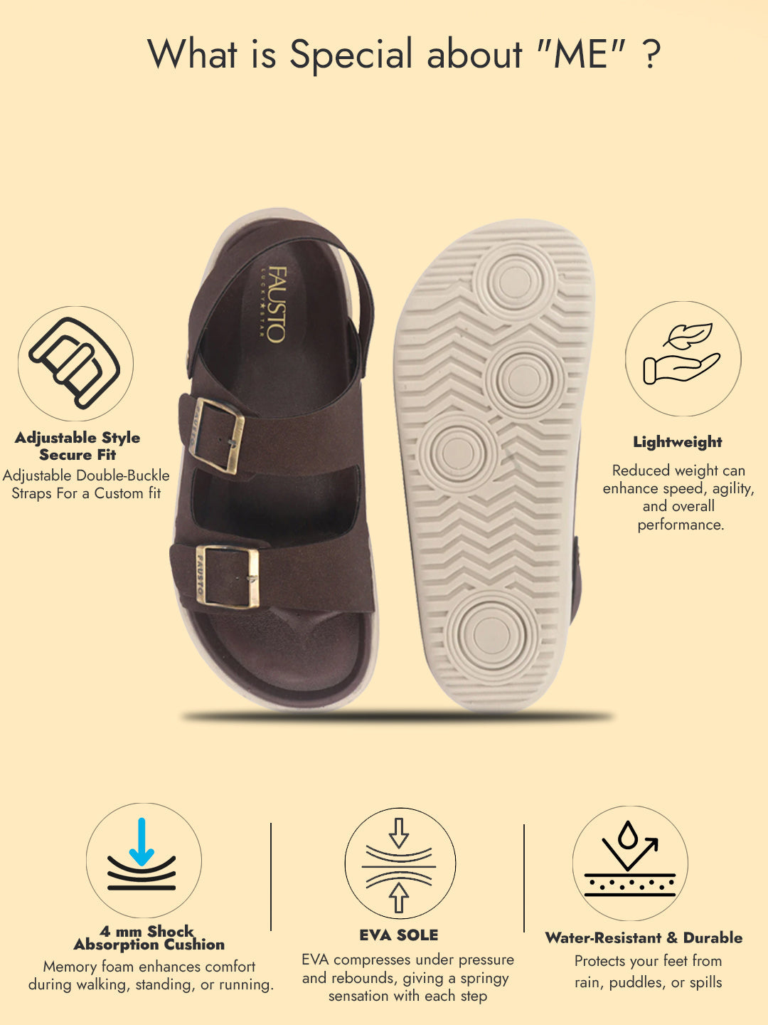Men Brown Open Toe Double Adjustable Strap Stitched Waterproof Sandals with Back Support|Soft Cushioned Insole|Lightweight Summer Slip-On Slipper|Perfect For Monsoon Rainy Season