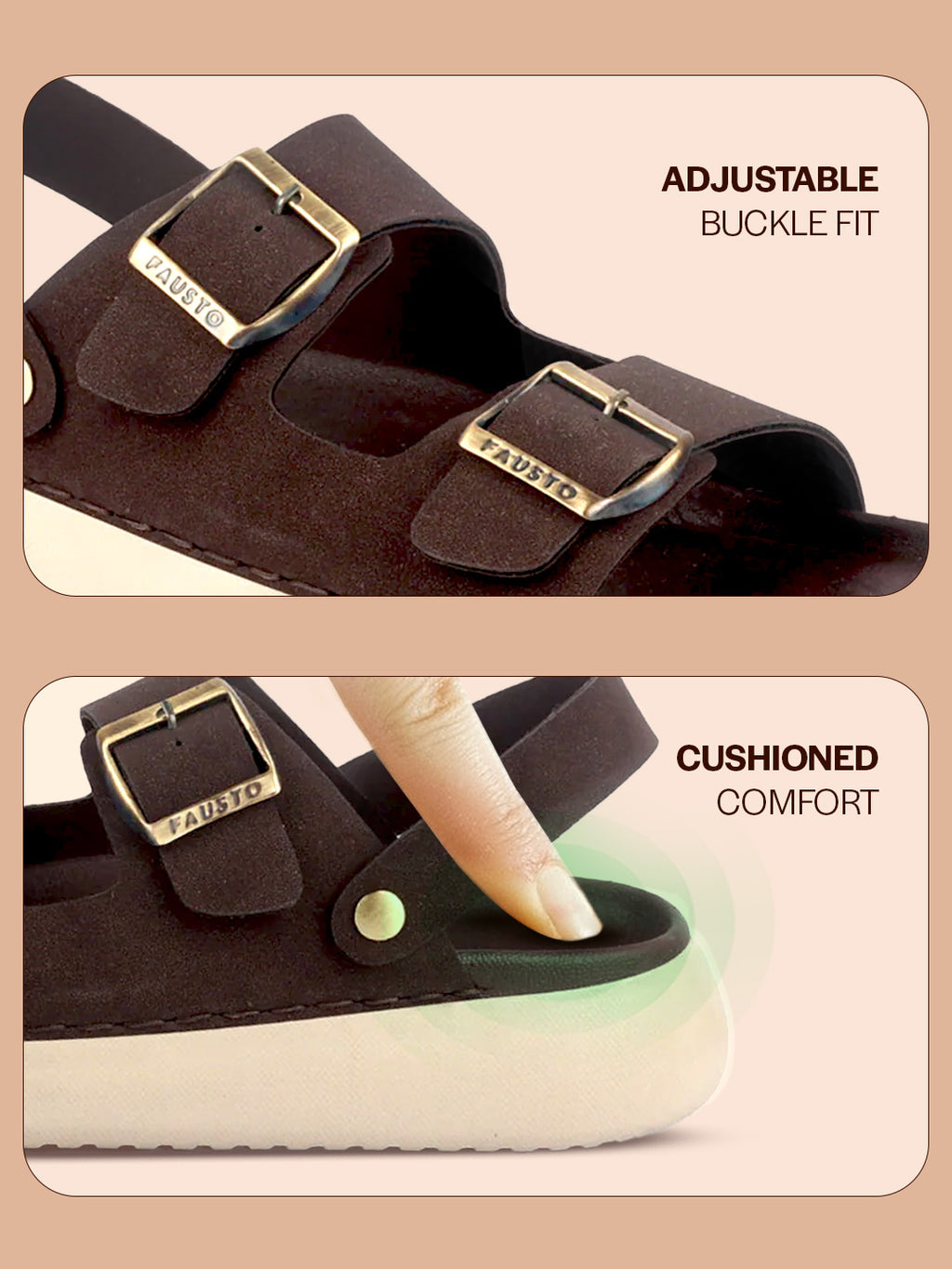Men Brown Open Toe Double Adjustable Strap Stitched Waterproof Sandals with Back Support|Soft Cushioned Insole|Lightweight Summer Slip-On Slipper|Perfect For Monsoon Rainy Season