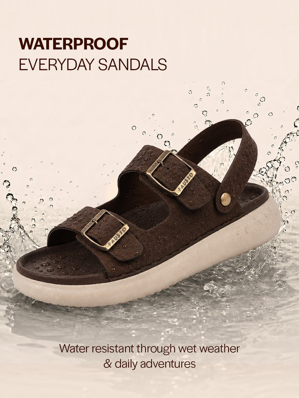Men Brown Open Toe Double Adjustable Strap Stitched Waterproof Sandals with Back Support|Soft Cushioned Insole|Lightweight Summer Slip-On Slipper|Perfect For Monsoon Rainy Season