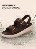 Men Brown Open Toe Double Adjustable Strap Stitched Waterproof Sandals with Back Support|Soft Cushioned Insole|Lightweight Summer Slip-On Slipper|Perfect For Monsoon Rainy Season