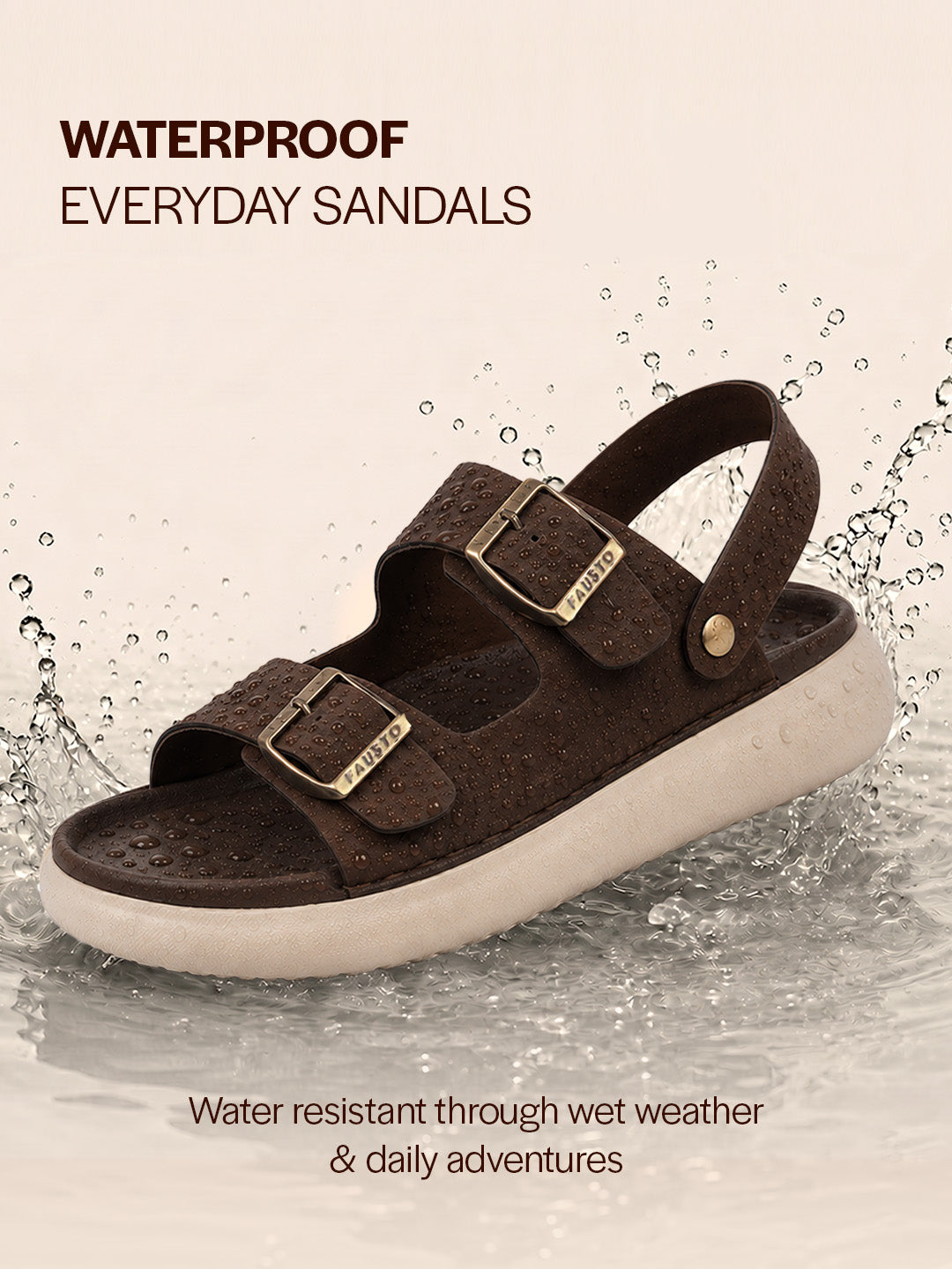 Men Brown Open Toe Double Adjustable Strap Stitched Waterproof Sandals with Back Support|Soft Cushioned Insole|Lightweight Summer Slip-On Slipper|Perfect For Monsoon Rainy Season