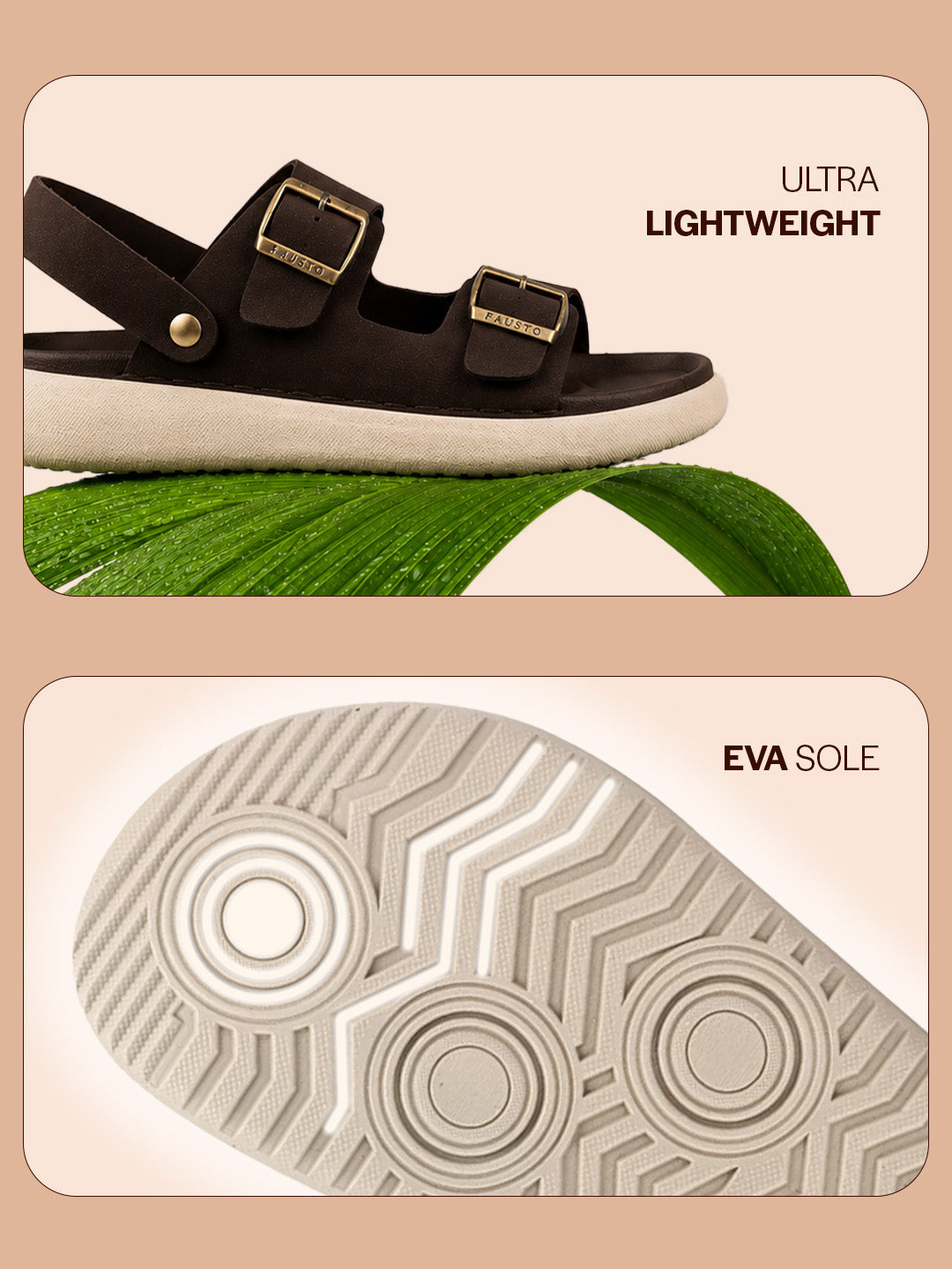 Men Brown Open Toe Double Adjustable Strap Stitched Waterproof Sandals with Back Support|Soft Cushioned Insole|Lightweight Summer Slip-On Slipper|Perfect For Monsoon Rainy Season