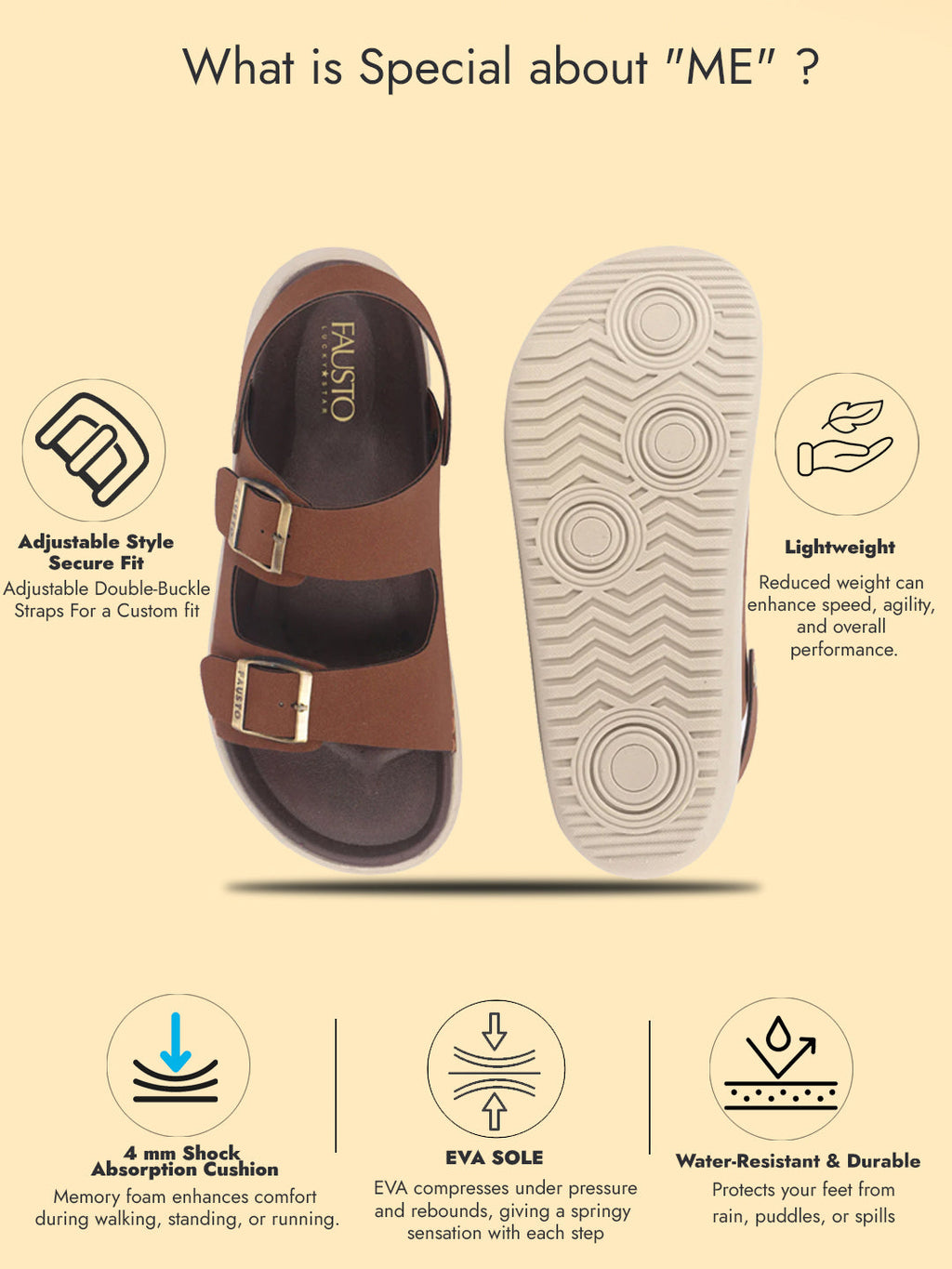men tan open toe double adjustable strap stitched waterproof sandals with back support|soft cushioned insole|lightweight summer slip-on slipper|perfect for monsoon rainy season