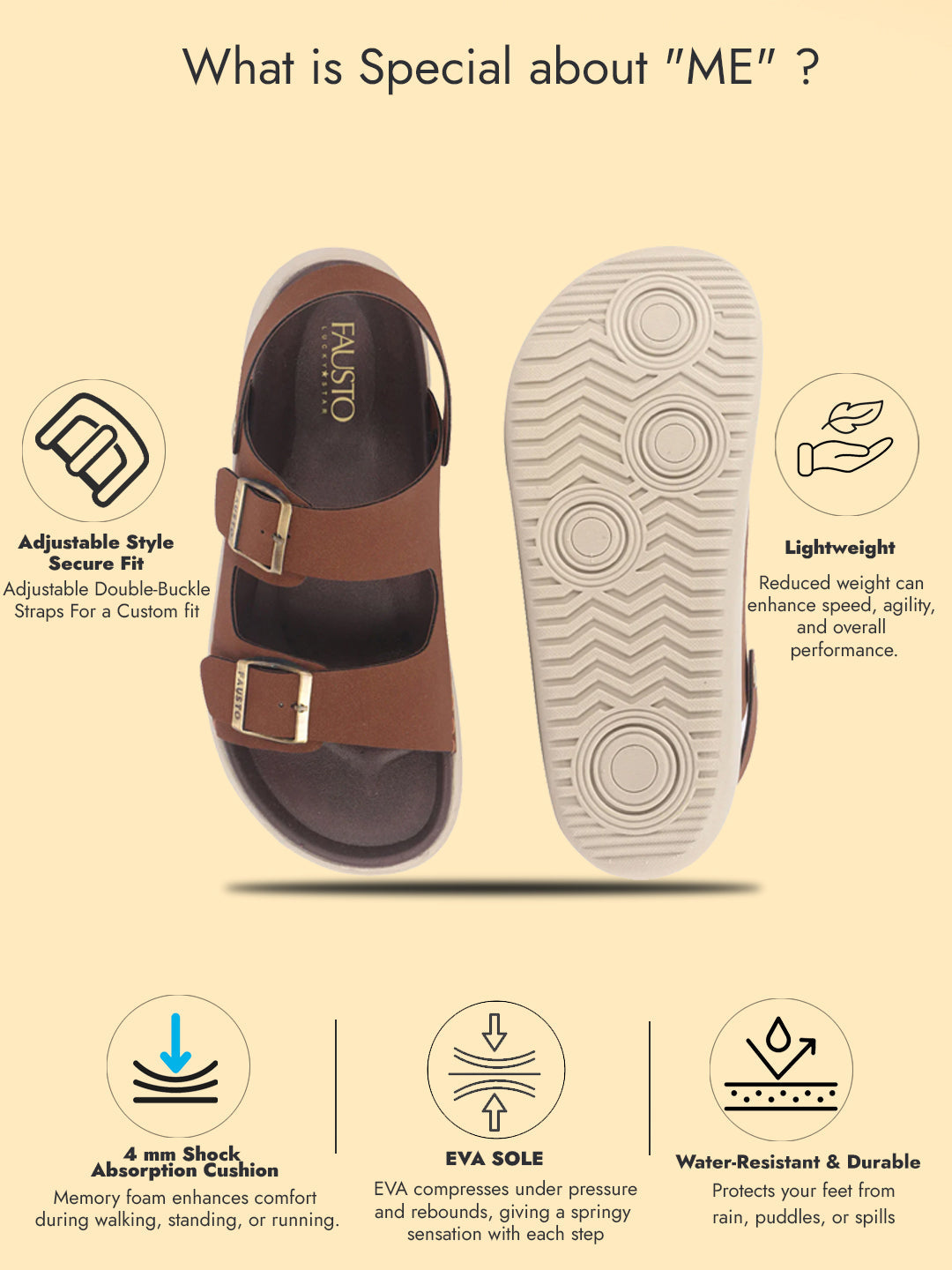 men tan open toe double adjustable strap stitched waterproof sandals with back support|soft cushioned insole|lightweight summer slip-on slipper|perfect for monsoon rainy season