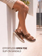 Men Tan Open Toe Double Adjustable Strap Stitched Waterproof Sandals with Back Support|Soft Cushioned Insole|Lightweight Summer Slip-On Slipper|Perfect For Monsoon Rainy Season