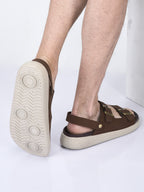 men tan open toe double adjustable strap stitched waterproof sandals with back support|soft cushioned insole|lightweight summer slip-on slipper|perfect for monsoon rainy season