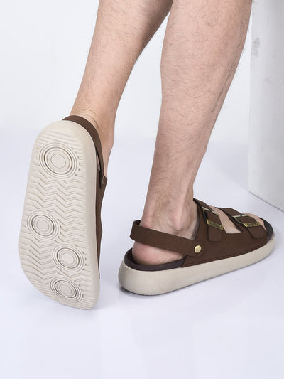 men tan open toe double adjustable strap stitched waterproof sandals with back support|soft cushioned insole|lightweight summer slip-on slipper|perfect for monsoon rainy season
