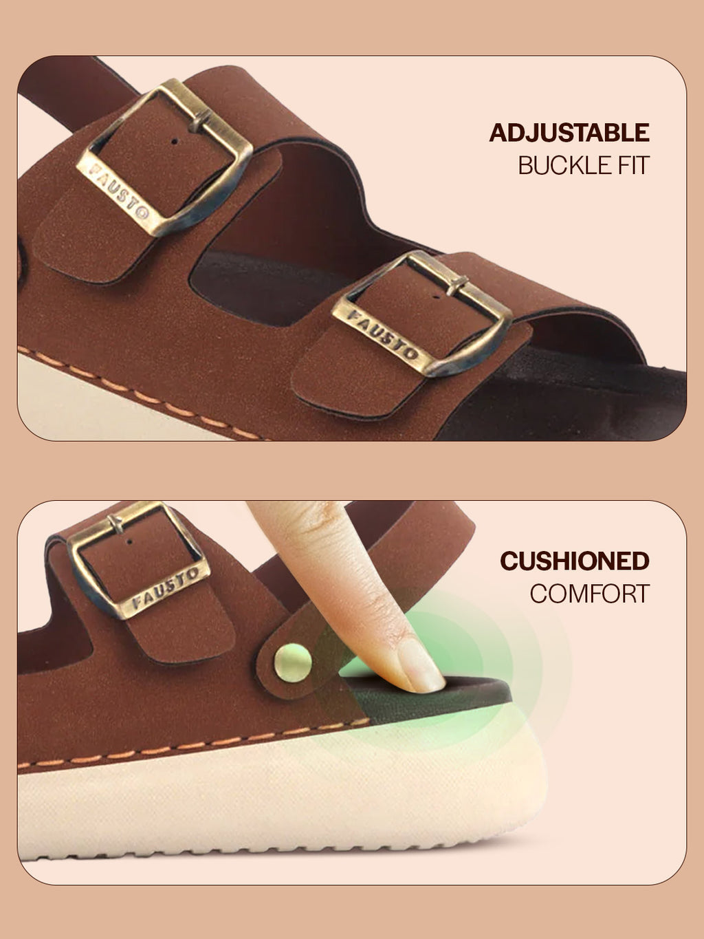 Men Tan Open Toe Double Adjustable Strap Stitched Waterproof Sandals with Back Support|Soft Cushioned Insole|Lightweight Summer Slip-On Slipper|Perfect For Monsoon Rainy Season