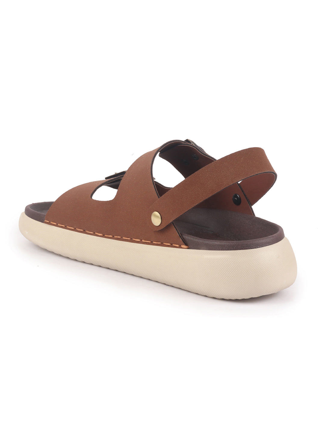 men tan open toe double adjustable strap stitched waterproof sandals with back support|soft cushioned insole|lightweight summer slip-on slipper|perfect for monsoon rainy season