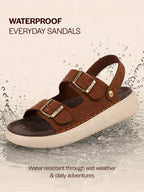 Men Tan Open Toe Double Adjustable Strap Stitched Waterproof Sandals with Back Support|Soft Cushioned Insole|Lightweight Summer Slip-On Slipper|Perfect For Monsoon Rainy Season