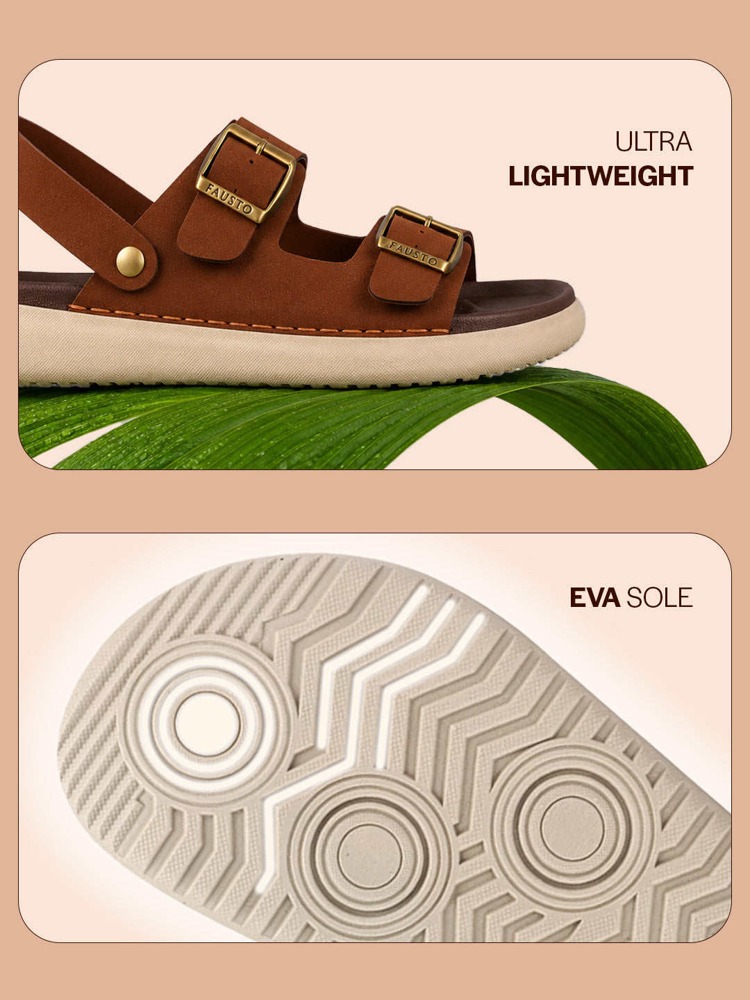 Men Tan Open Toe Double Adjustable Strap Stitched Waterproof Sandals with Back Support|Soft Cushioned Insole|Lightweight Summer Slip-On Slipper|Perfect For Monsoon Rainy Season