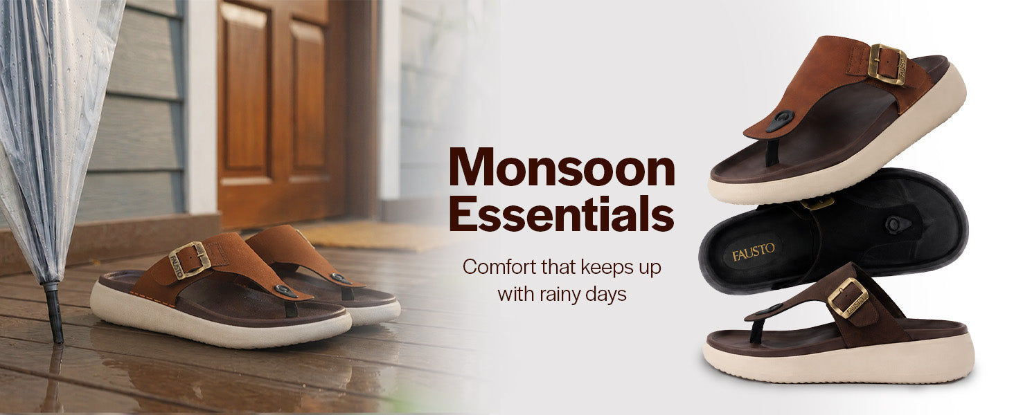 Men Tan Buckle Adjustable T-Strap Side Stitched Summer Waterproof Slip On Sandals|Comfort Featherlite Insole|Thong Slipper for Monsoon Rainy Season