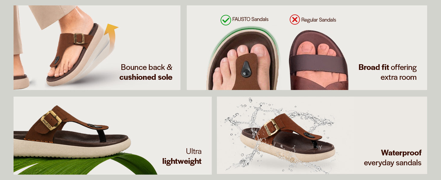 Men Tan Buckle Adjustable T-Strap Side Stitched Summer Waterproof Slip On Sandals|Comfort Featherlite Insole|Thong Slipper for Monsoon Rainy Season