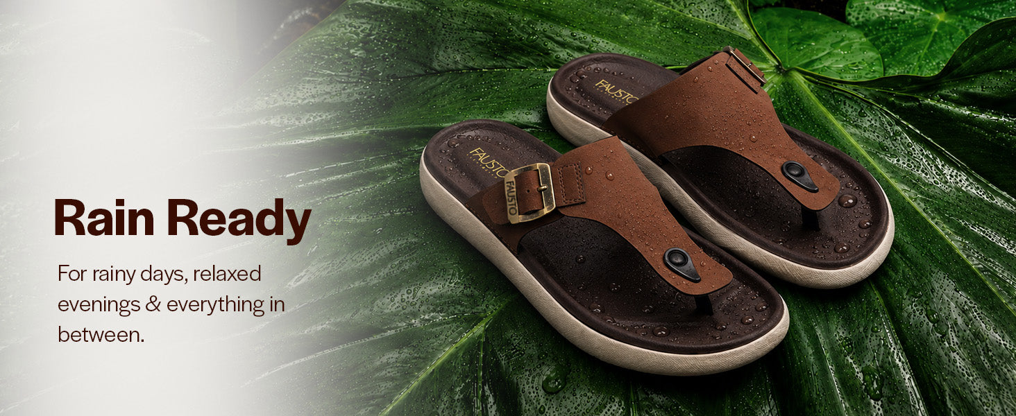 Men Tan Buckle Adjustable T-Strap Side Stitched Summer Waterproof Slip On Sandals|Comfort Featherlite Insole|Thong Slipper for Monsoon Rainy Season
