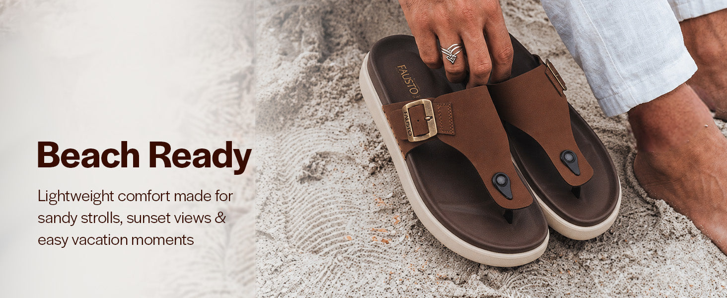 Men Tan Buckle Adjustable T-Strap Side Stitched Summer Waterproof Slip On Sandals|Comfort Featherlite Insole|Thong Slipper for Monsoon Rainy Season