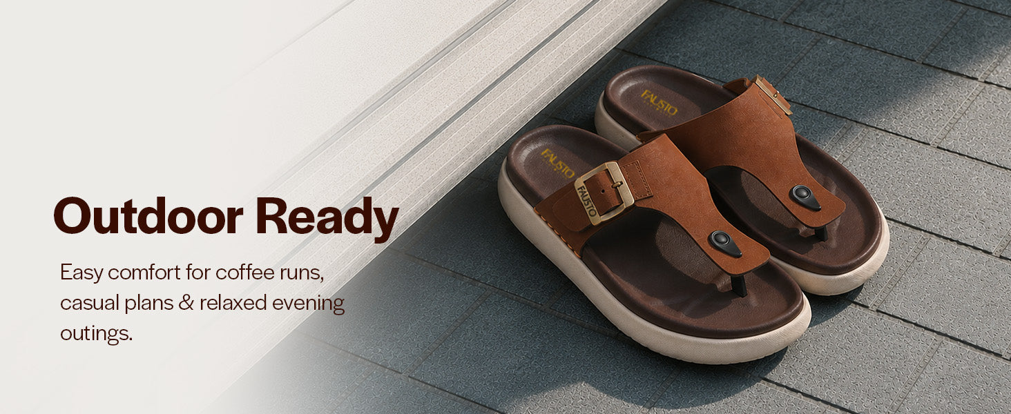 Men Tan Buckle Adjustable T-Strap Side Stitched Summer Waterproof Slip On Sandals|Comfort Featherlite Insole|Thong Slipper for Monsoon Rainy Season