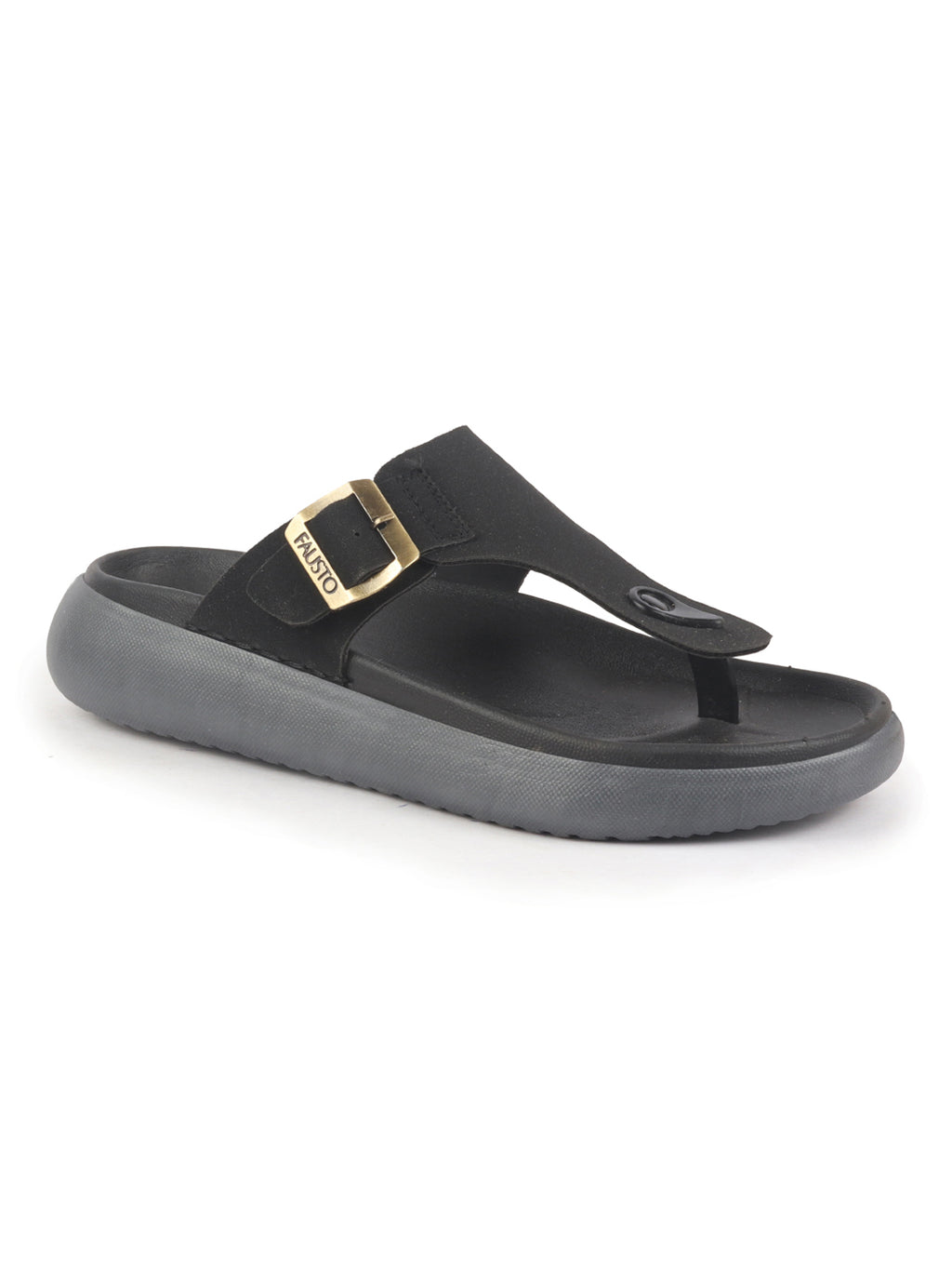 Men Black Buckle Adjustable T-Strap Side Stitched Summer Waterproof Slip On Sandals|Comfort Featherlite Insole|Thong Slipper for Monsoon Rainy Season