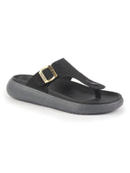 Men Black Buckle Adjustable T-Strap Side Stitched Summer Waterproof Slip On Sandals|Comfort Featherlite Insole|Thong Slipper for Monsoon Rainy Season