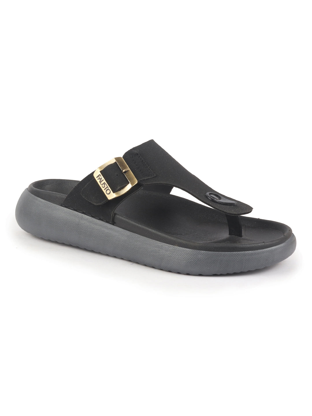 Men Black Buckle Adjustable T-Strap Side Stitched Summer Waterproof Slip On Sandals|Comfort Featherlite Insole|Thong Slipper for Monsoon Rainy Season