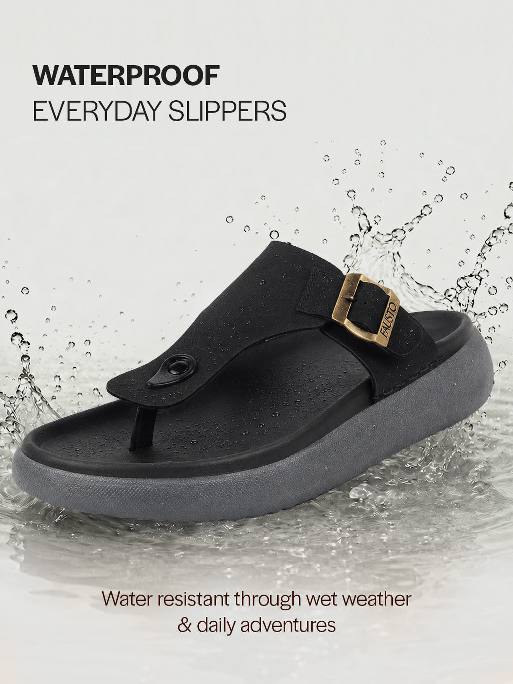 Men Black Buckle Adjustable T-Strap Side Stitched Summer Waterproof Slip On Sandals|Comfort Featherlite Insole|Thong Slipper for Monsoon Rainy Season