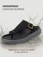 Men Black Buckle Adjustable T-Strap Side Stitched Summer Waterproof Slip On Sandals|Comfort Featherlite Insole|Thong Slipper for Monsoon Rainy Season