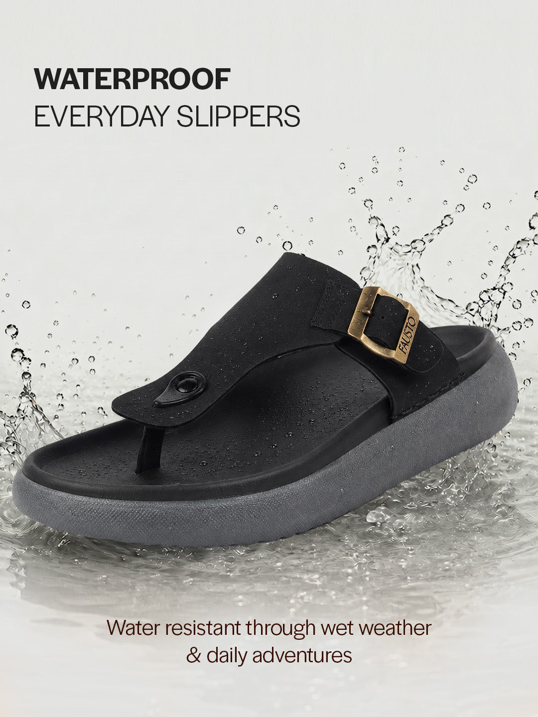 Men Black Buckle Adjustable T-Strap Side Stitched Summer Waterproof Slip On Sandals|Comfort Featherlite Insole|Thong Slipper for Monsoon Rainy Season
