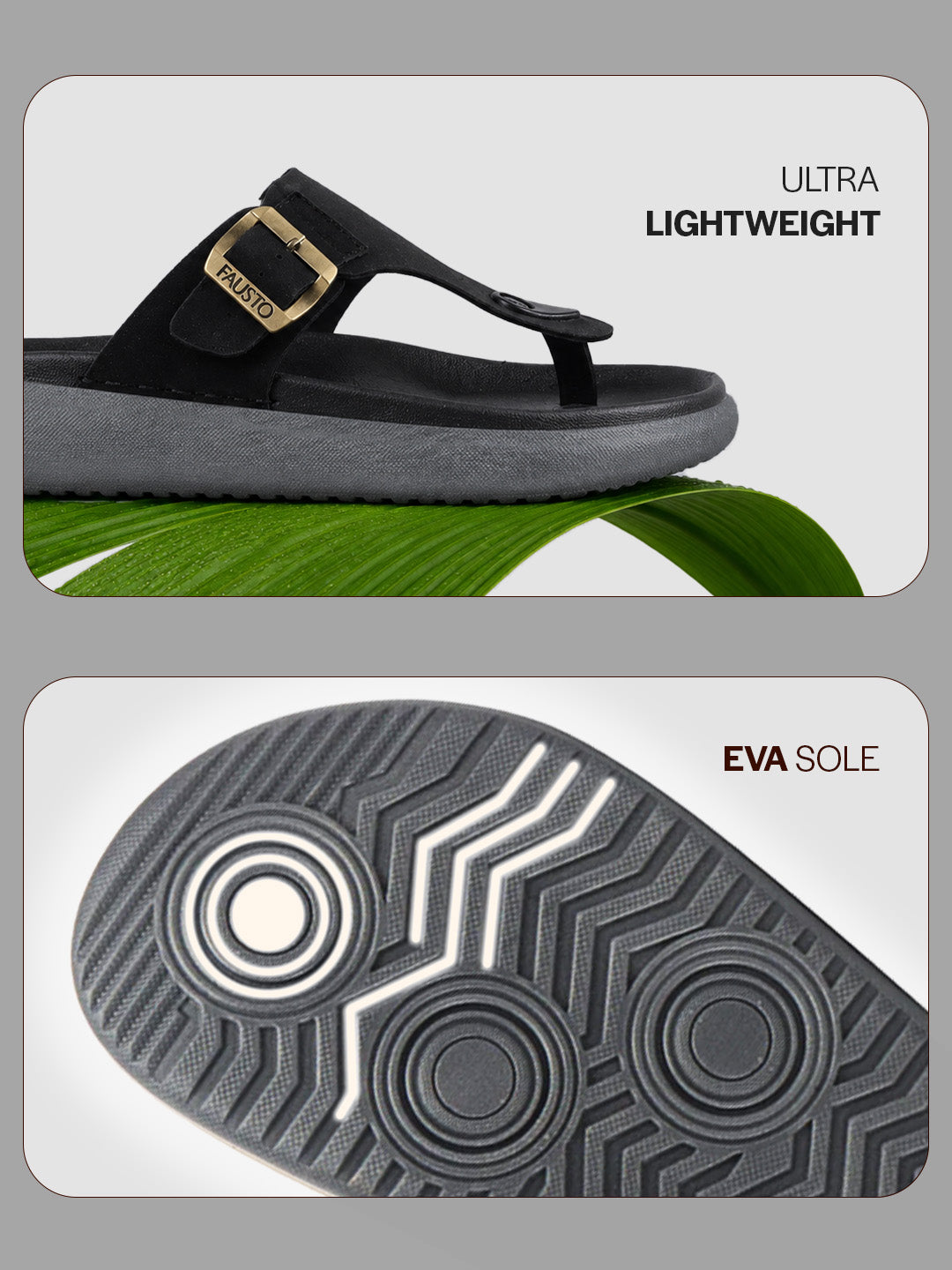 Men Black Buckle Adjustable T-Strap Side Stitched Summer Waterproof Slip On Sandals|Comfort Featherlite Insole|Thong Slipper for Monsoon Rainy Season