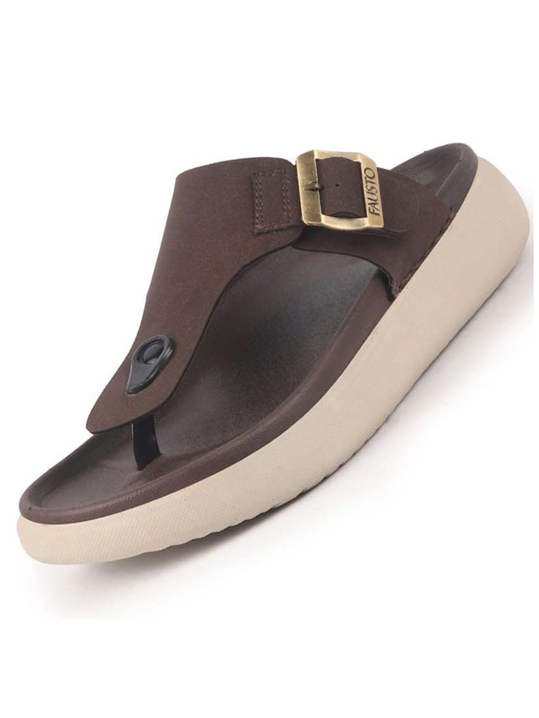 Men Brown Buckle Adjustable T-Strap Side Stitched Summer Waterproof Slip On Sandals|Comfort Featherlite Insole|Thong Slipper for Monsoon Rainy Season