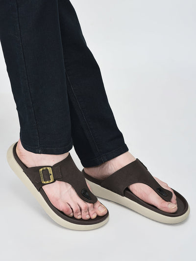 Men Brown Buckle Adjustable T-Strap Side Stitched Summer Waterproof Slip On Sandals|Comfort Featherlite Insole|Thong Slipper for Monsoon Rainy Season