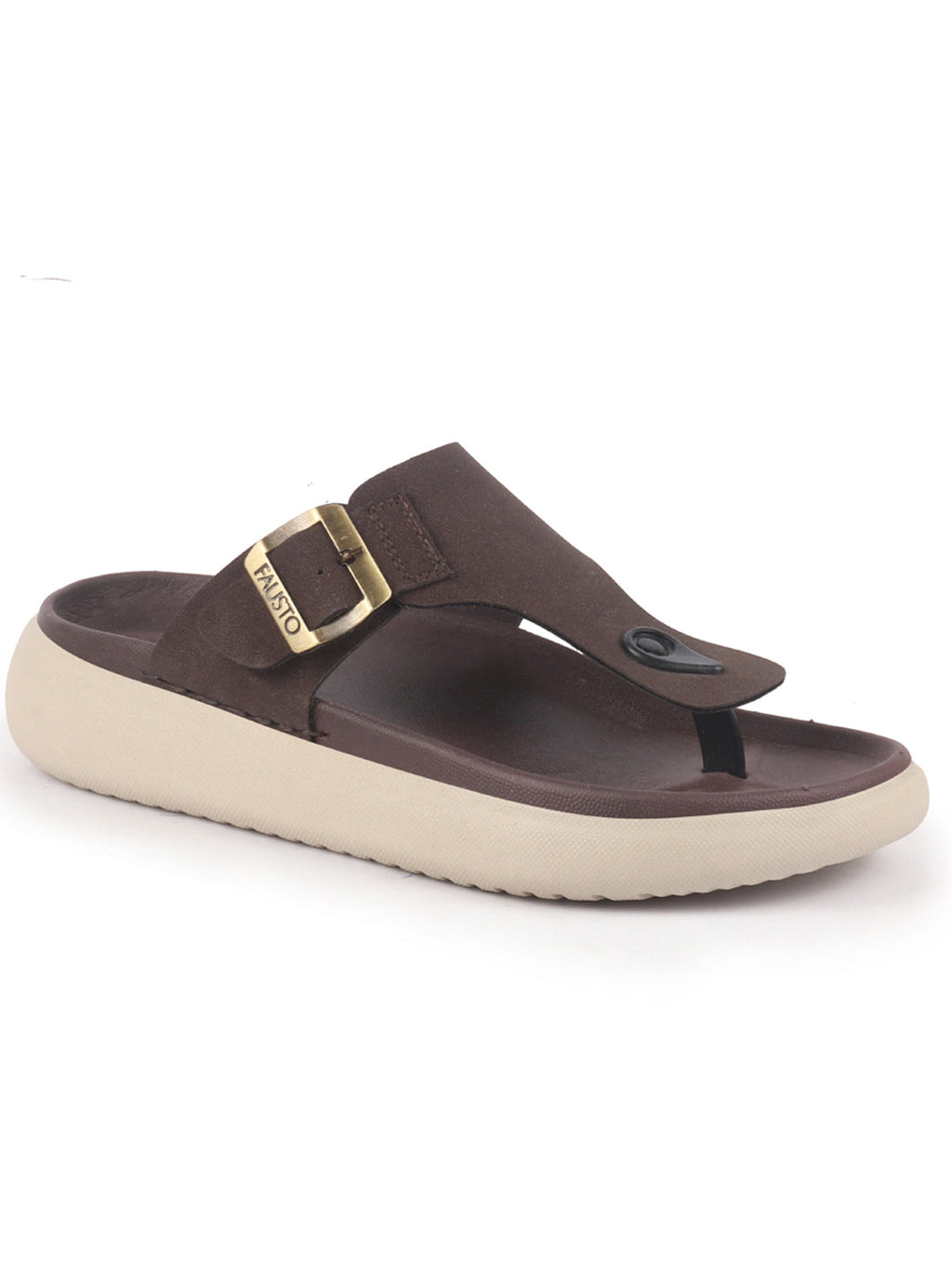 Men Brown Buckle Adjustable T-Strap Side Stitched Summer Waterproof Slip On Sandals|Comfort Featherlite Insole|Thong Slipper for Monsoon Rainy Season