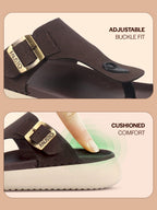 Men Brown Buckle Adjustable T-Strap Side Stitched Summer Waterproof Slip On Sandals|Comfort Featherlite Insole|Thong Slipper for Monsoon Rainy Season