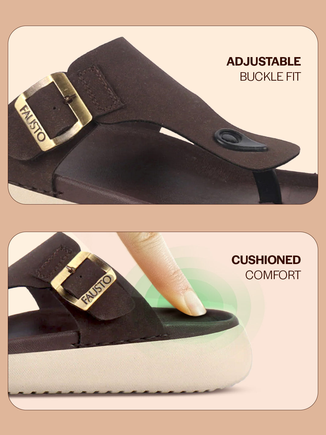Men Brown Buckle Adjustable T-Strap Side Stitched Summer Waterproof Slip On Sandals|Comfort Featherlite Insole|Thong Slipper for Monsoon Rainy Season