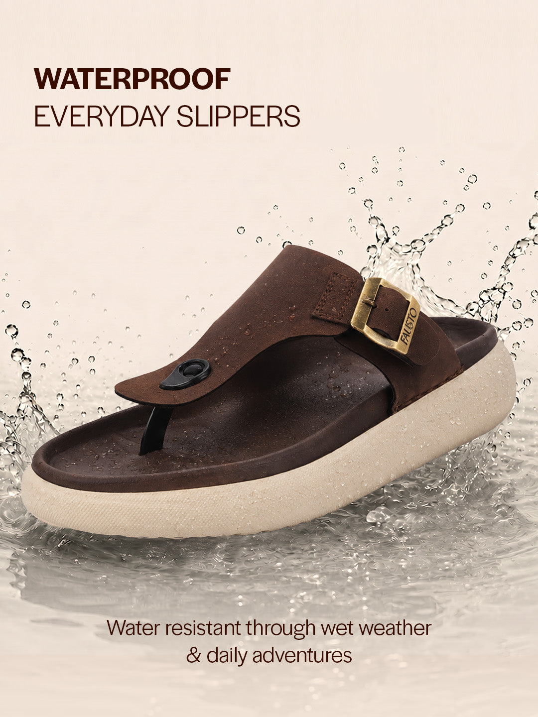 Men Brown Buckle Adjustable T-Strap Side Stitched Summer Waterproof Slip On Sandals|Comfort Featherlite Insole|Thong Slipper for Monsoon Rainy Season