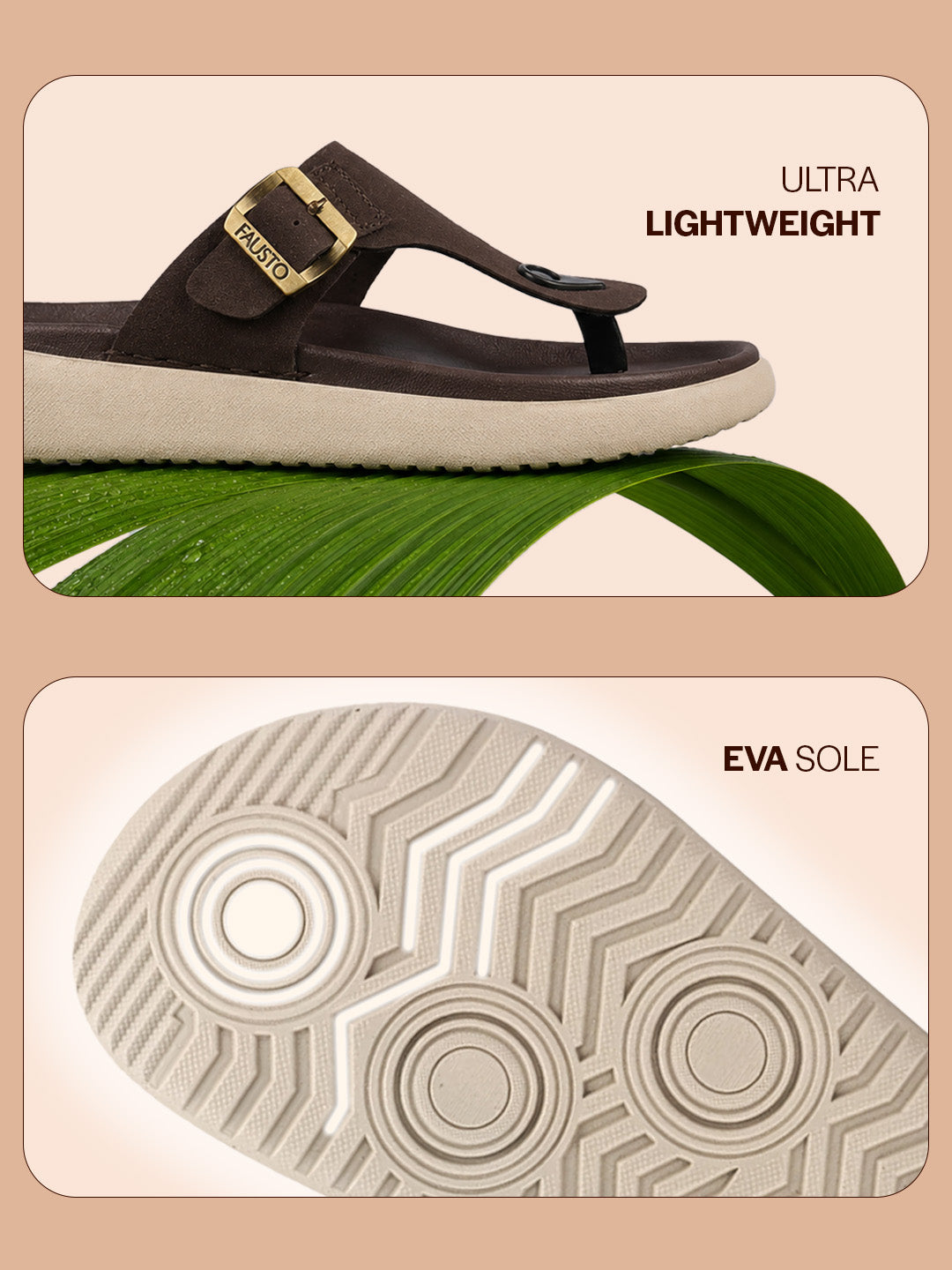 Men Brown Buckle Adjustable T-Strap Side Stitched Summer Waterproof Slip On Sandals|Comfort Featherlite Insole|Thong Slipper for Monsoon Rainy Season