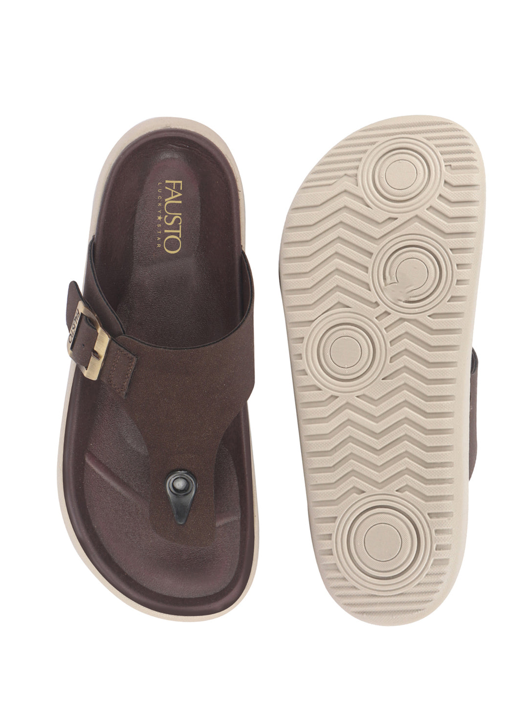 Men Brown Buckle Adjustable T-Strap Side Stitched Summer Waterproof Slip On Sandals|Comfort Featherlite Insole|Thong Slipper for Monsoon Rainy Season
