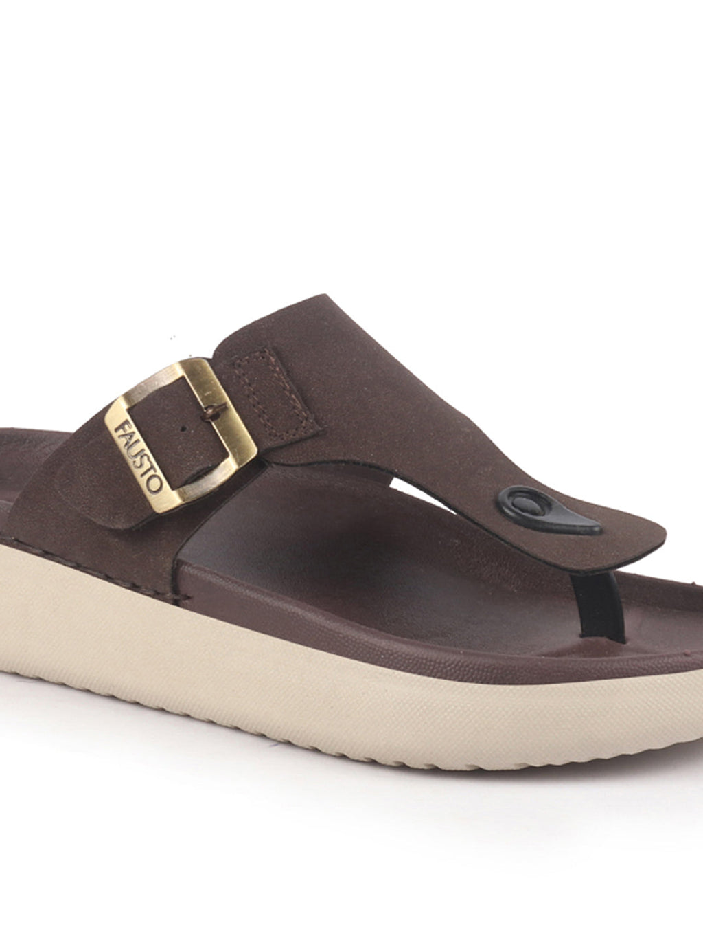 Men Brown Buckle Adjustable T-Strap Side Stitched Summer Waterproof Slip On Sandals|Comfort Featherlite Insole|Thong Slipper for Monsoon Rainy Season