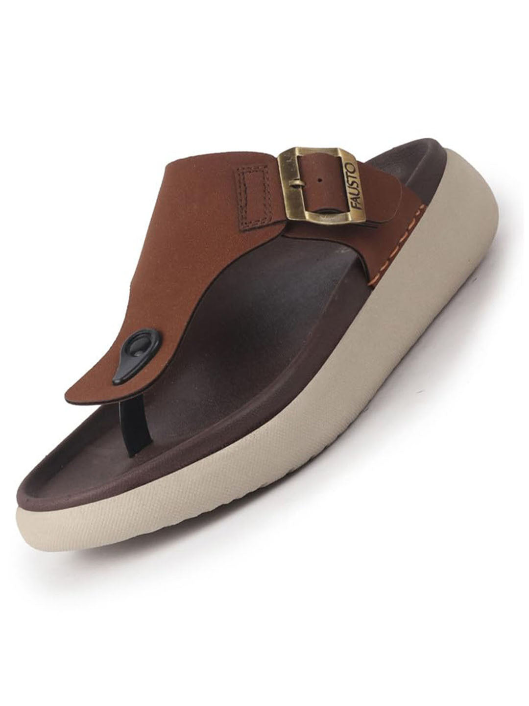 Men Tan Buckle Adjustable T-Strap Side Stitched Summer Waterproof Slip On Sandals|Comfort Featherlite Insole|Thong Slipper for Monsoon Rainy Season