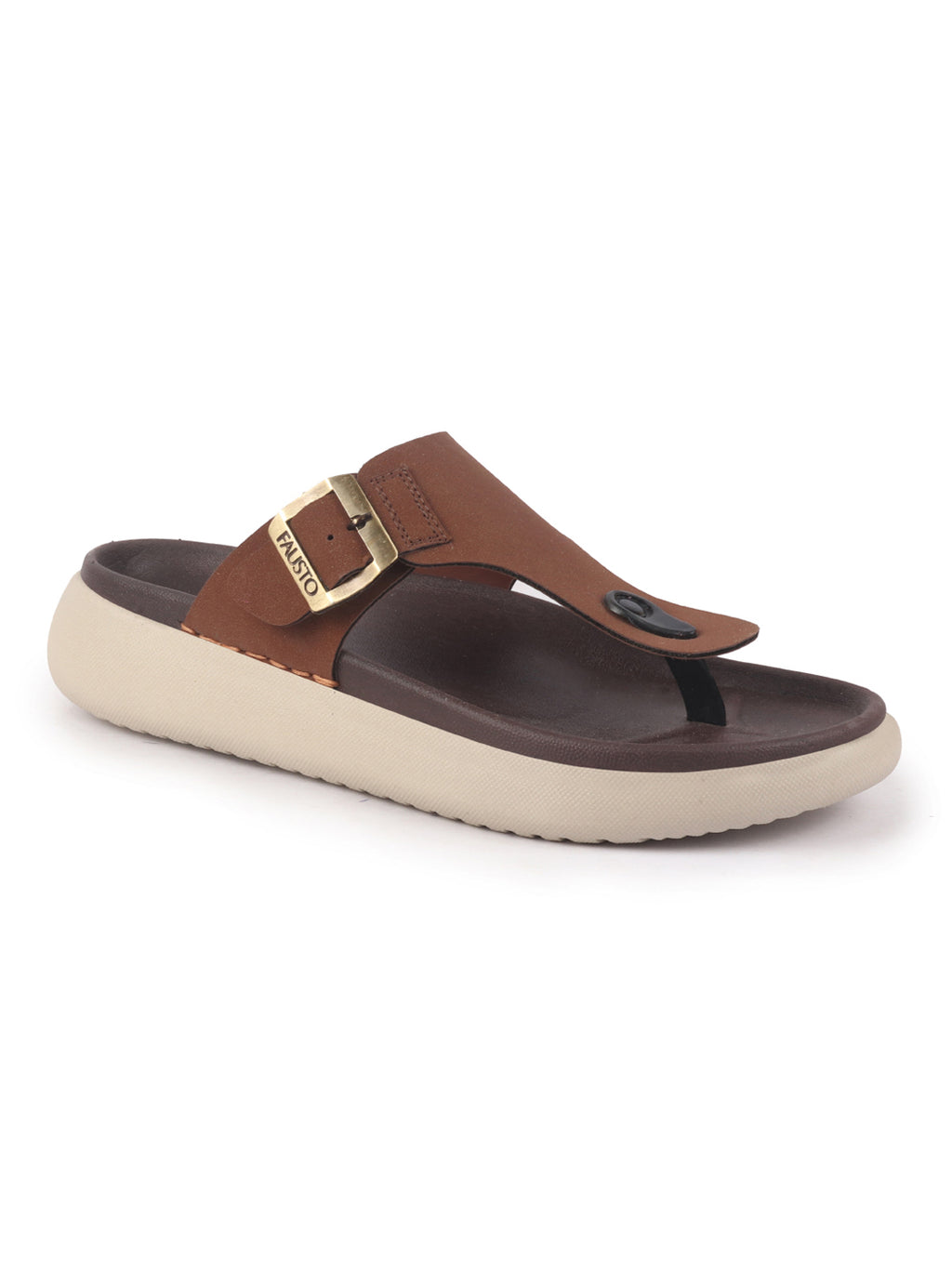 Men Tan Buckle Adjustable T-Strap Side Stitched Summer Waterproof Slip On Sandals|Comfort Featherlite Insole|Thong Slipper for Monsoon Rainy Season