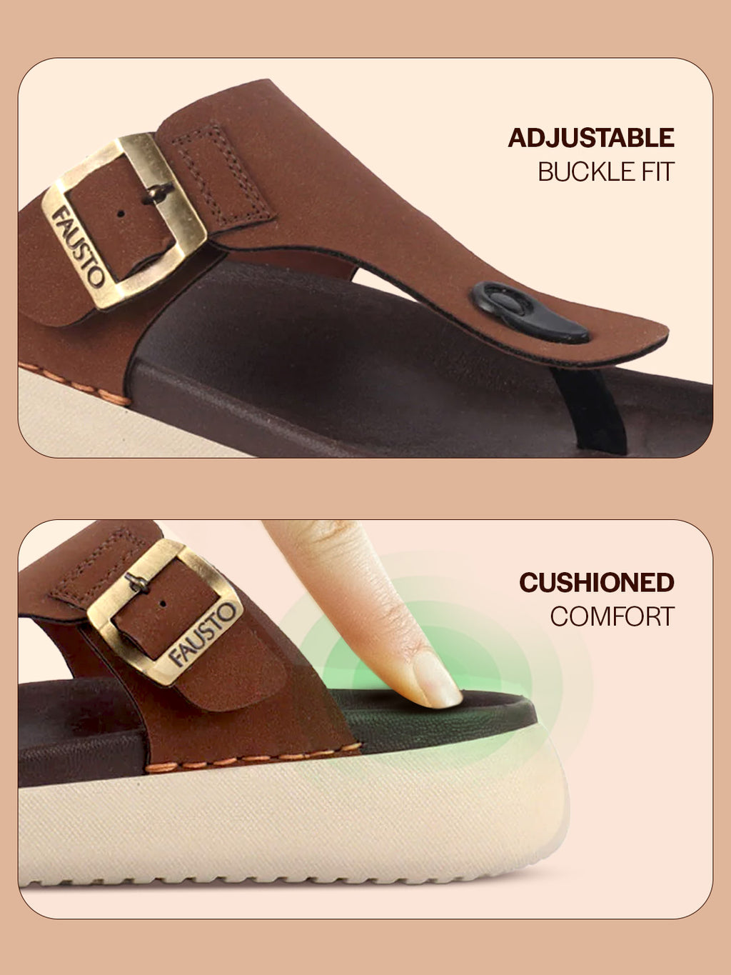 Men Tan Buckle Adjustable T-Strap Side Stitched Summer Waterproof Slip On Sandals|Comfort Featherlite Insole|Thong Slipper for Monsoon Rainy Season