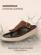 Men Tan Buckle Adjustable T-Strap Side Stitched Summer Waterproof Slip On Sandals|Comfort Featherlite Insole|Thong Slipper for Monsoon Rainy Season