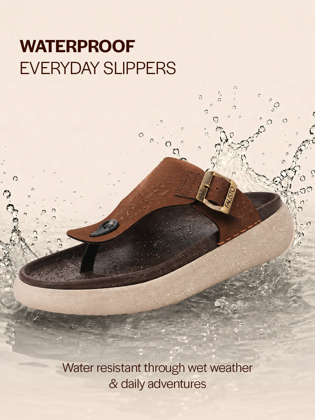 Men Tan Buckle Adjustable T-Strap Side Stitched Summer Waterproof Slip On Sandals|Comfort Featherlite Insole|Thong Slipper for Monsoon Rainy Season