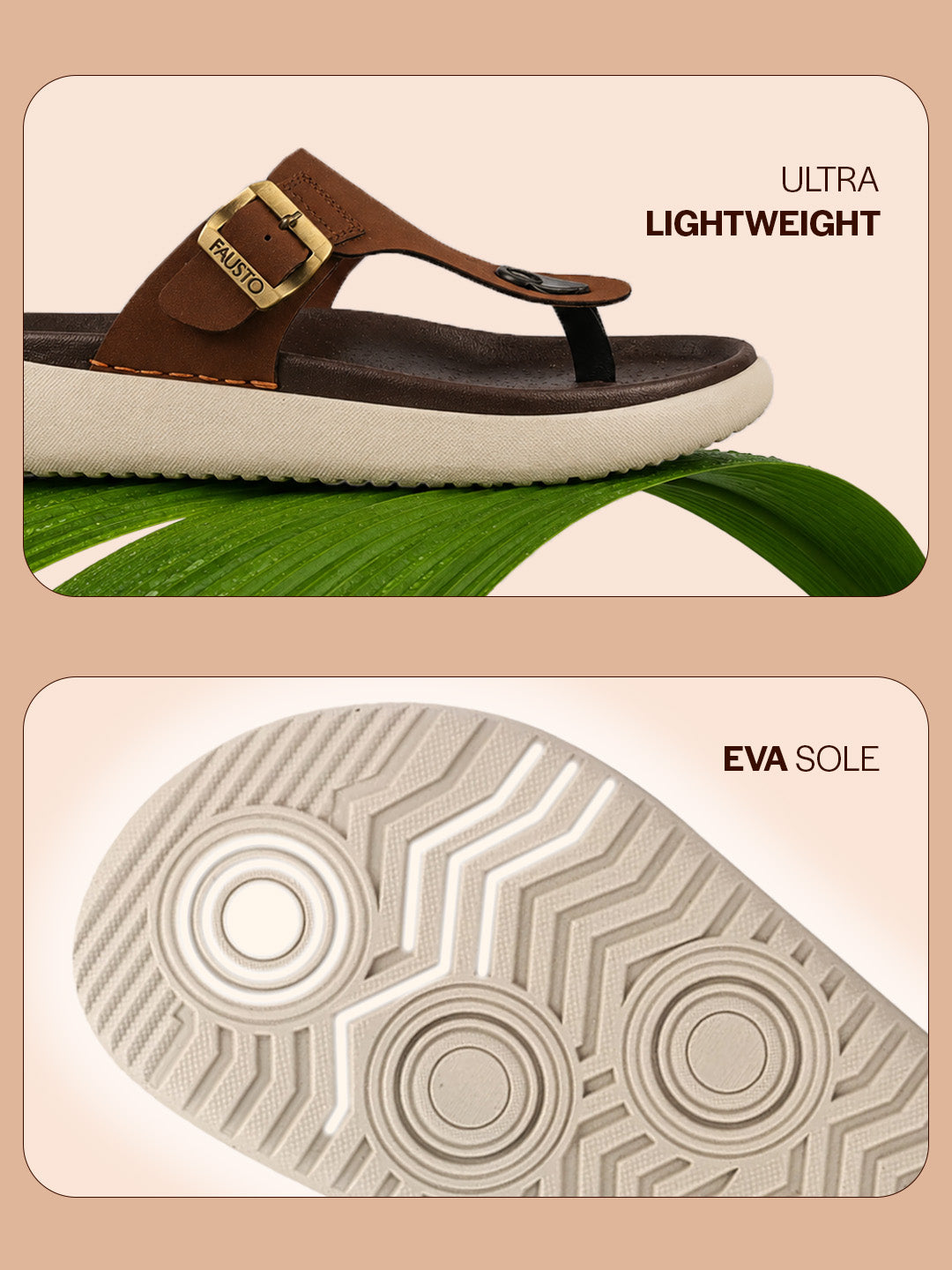 Men Tan Buckle Adjustable T-Strap Side Stitched Summer Waterproof Slip On Sandals|Comfort Featherlite Insole|Thong Slipper for Monsoon Rainy Season