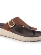 Men Tan Buckle Adjustable T-Strap Side Stitched Summer Waterproof Slip On Sandals|Comfort Featherlite Insole|Thong Slipper for Monsoon Rainy Season