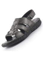 Men Black Genuine Leather Multi Strap Open Toe Broad Feet Fisherman Sandals with Adjustable Back Strap|All Day Comfort with Memory Cushion Insole|Anti Skid Lightweight Sole