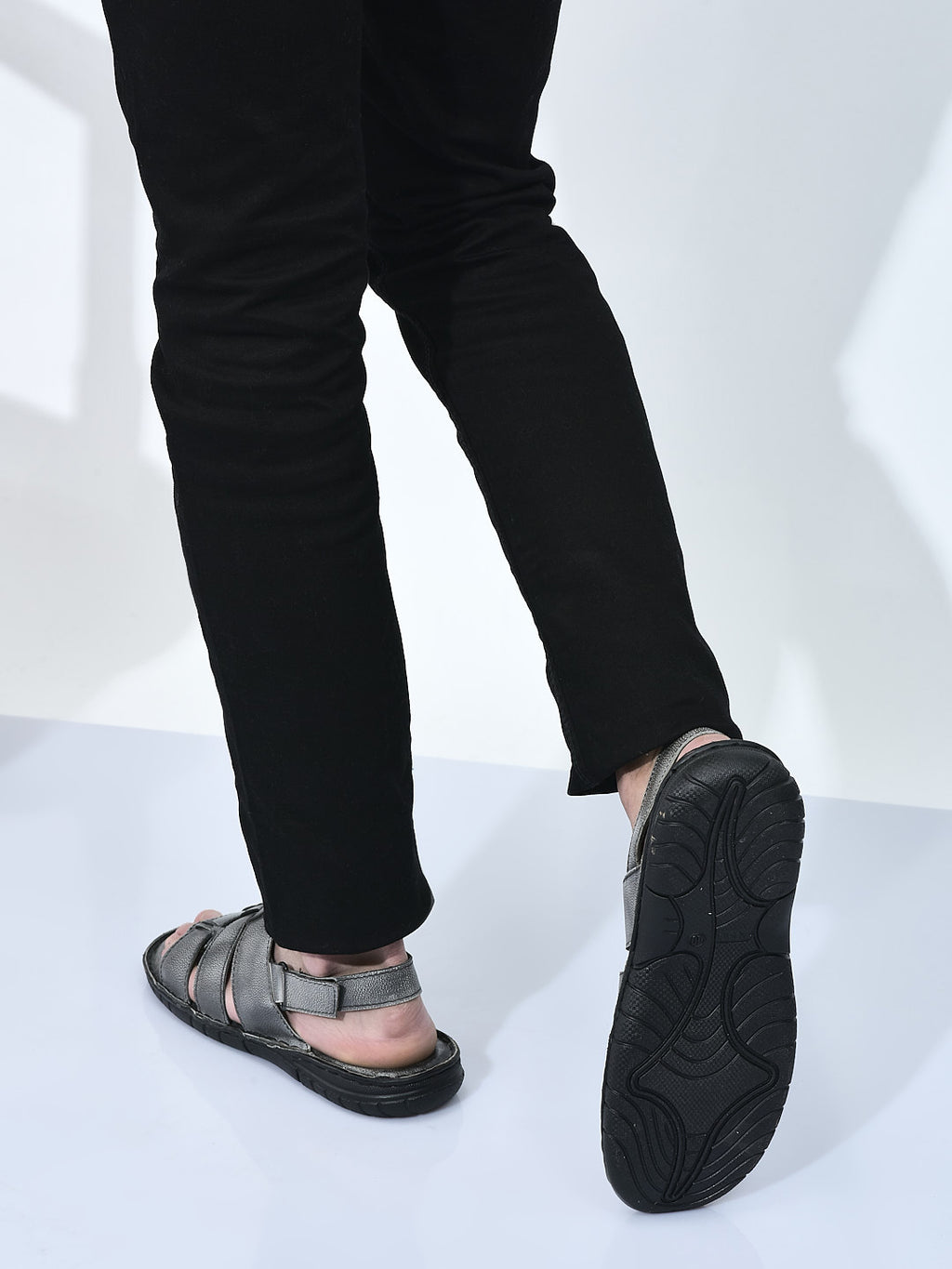 Men Black Genuine Leather Multi Strap Open Toe Broad Feet Fisherman Sandals with Adjustable Back Strap|All Day Comfort with Memory Cushion Insole|Anti Skid Lightweight Sole