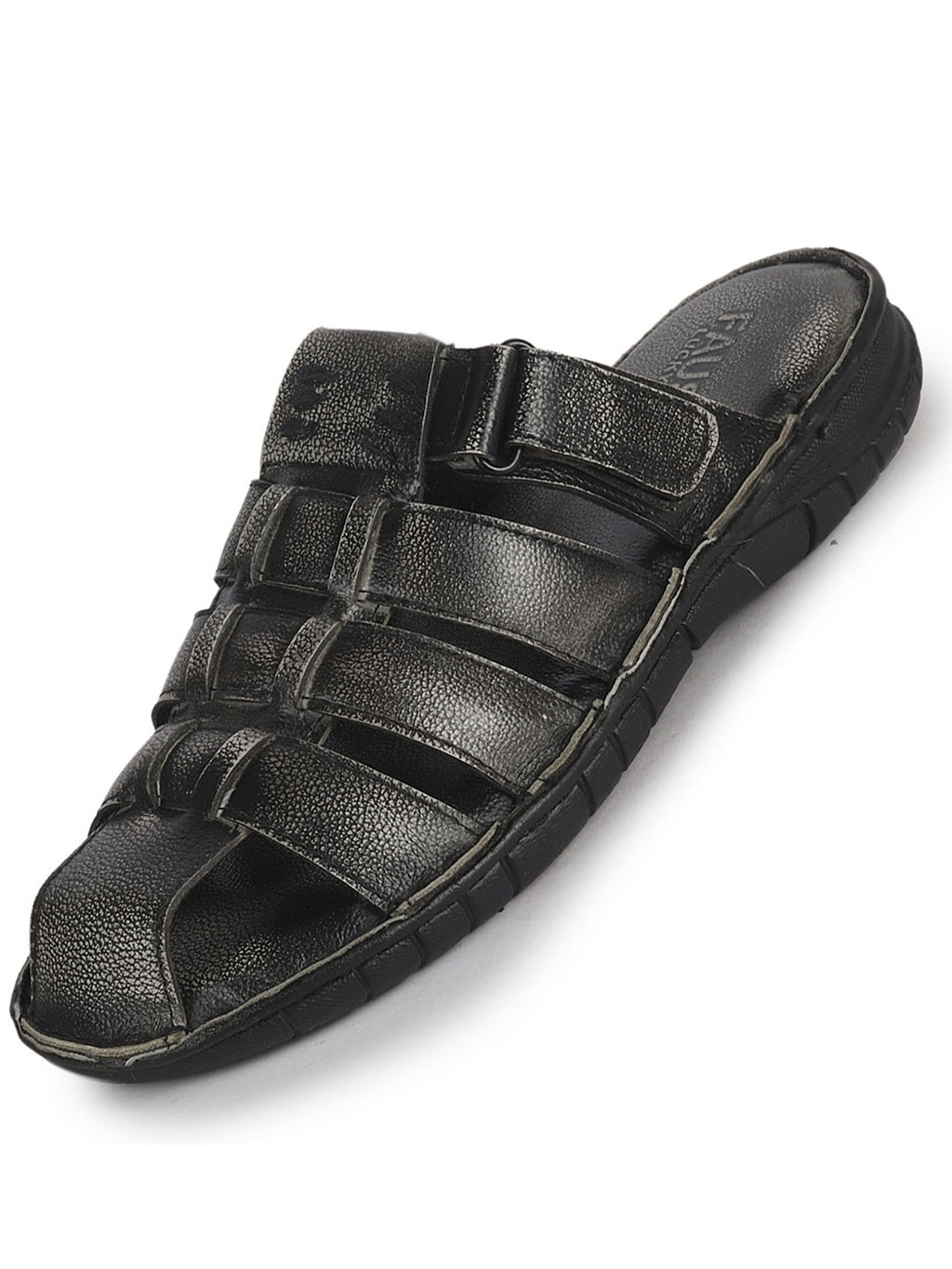 Men Black Genuine Leather Multi Strap Closed Toe Broad Feet Slip On Slippers with Adjustable Strap|Roman Sandals with Cushioned Footbed For Comfort|Anti Skid Lightweight Sole